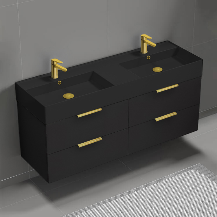 Bathroom Vanity Double Floating Black Bathroom Vanity, Modern, 56 Inch, Gold Handles Nameeks DERIN213